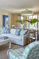 Quadrant geometric print unifying the living room, with blue and green patterns balanced by white. Design by Ellen Kavanaugh.